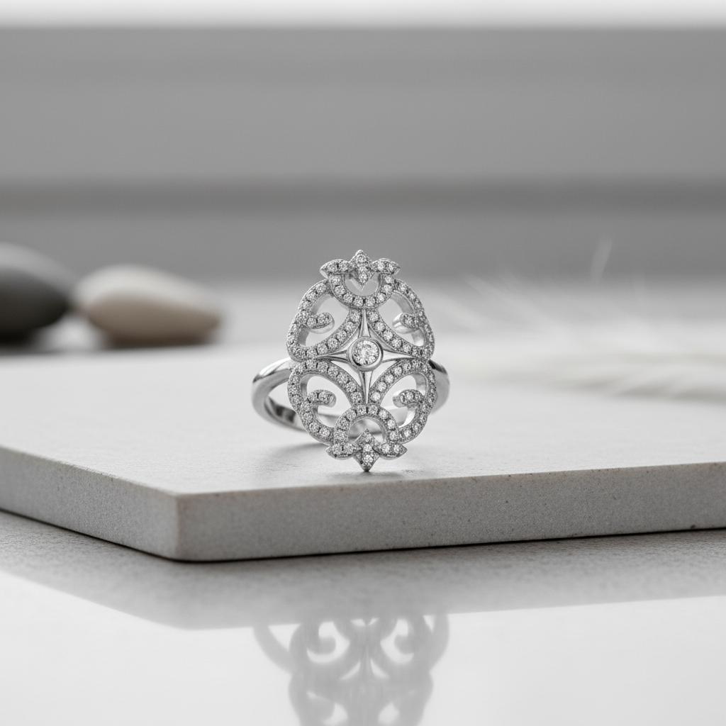 White Gold over Sterling Silver Women's CZ Filigree Armour Shield Ring