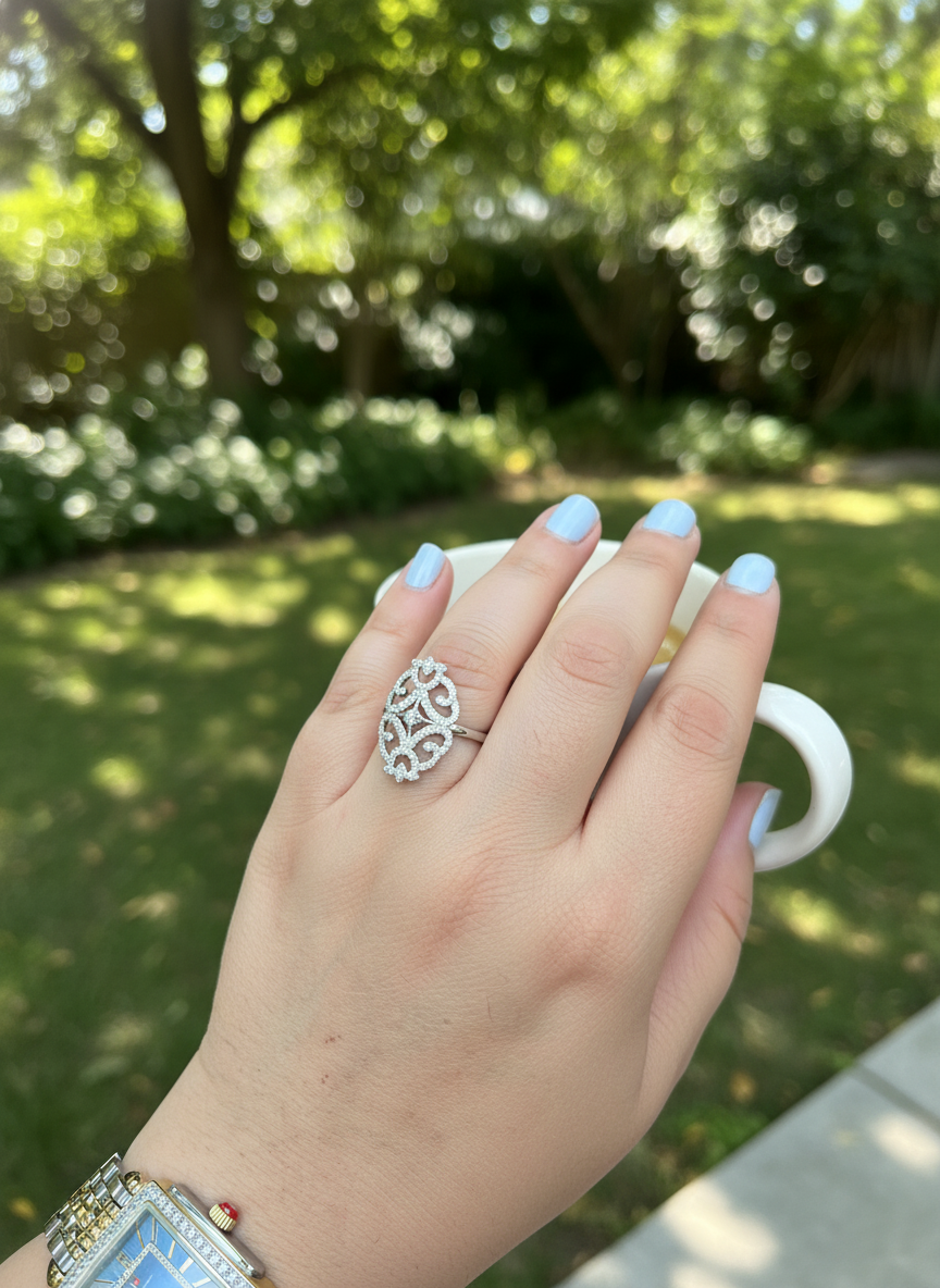White Gold over Sterling Silver Women's CZ Filigree Armour Shield Ring