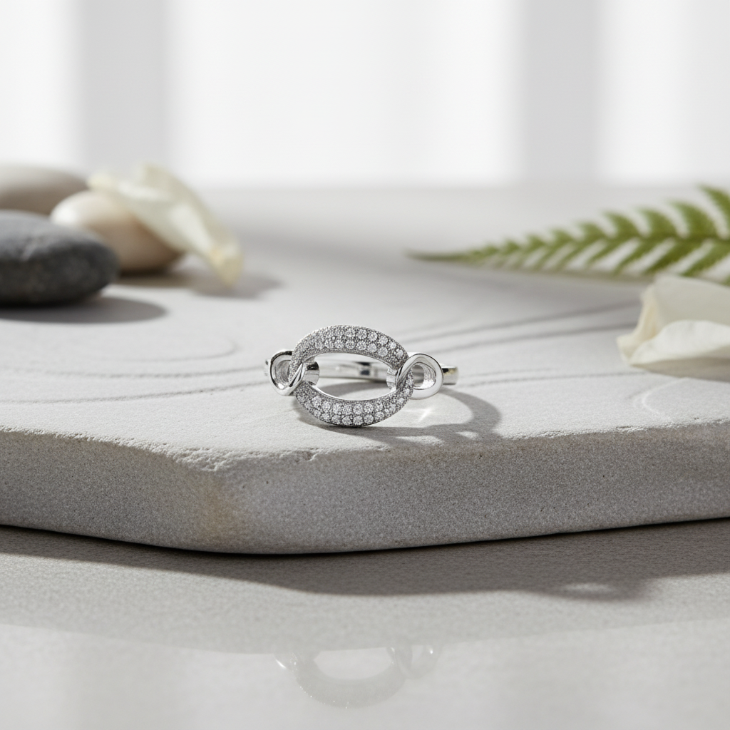 White Gold over Sterling Silver Women's CZ Oval Chain Link Ring