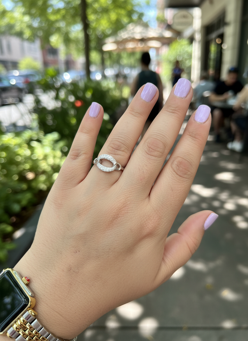 White Gold over Sterling Silver Women's CZ Oval Chain Link Ring