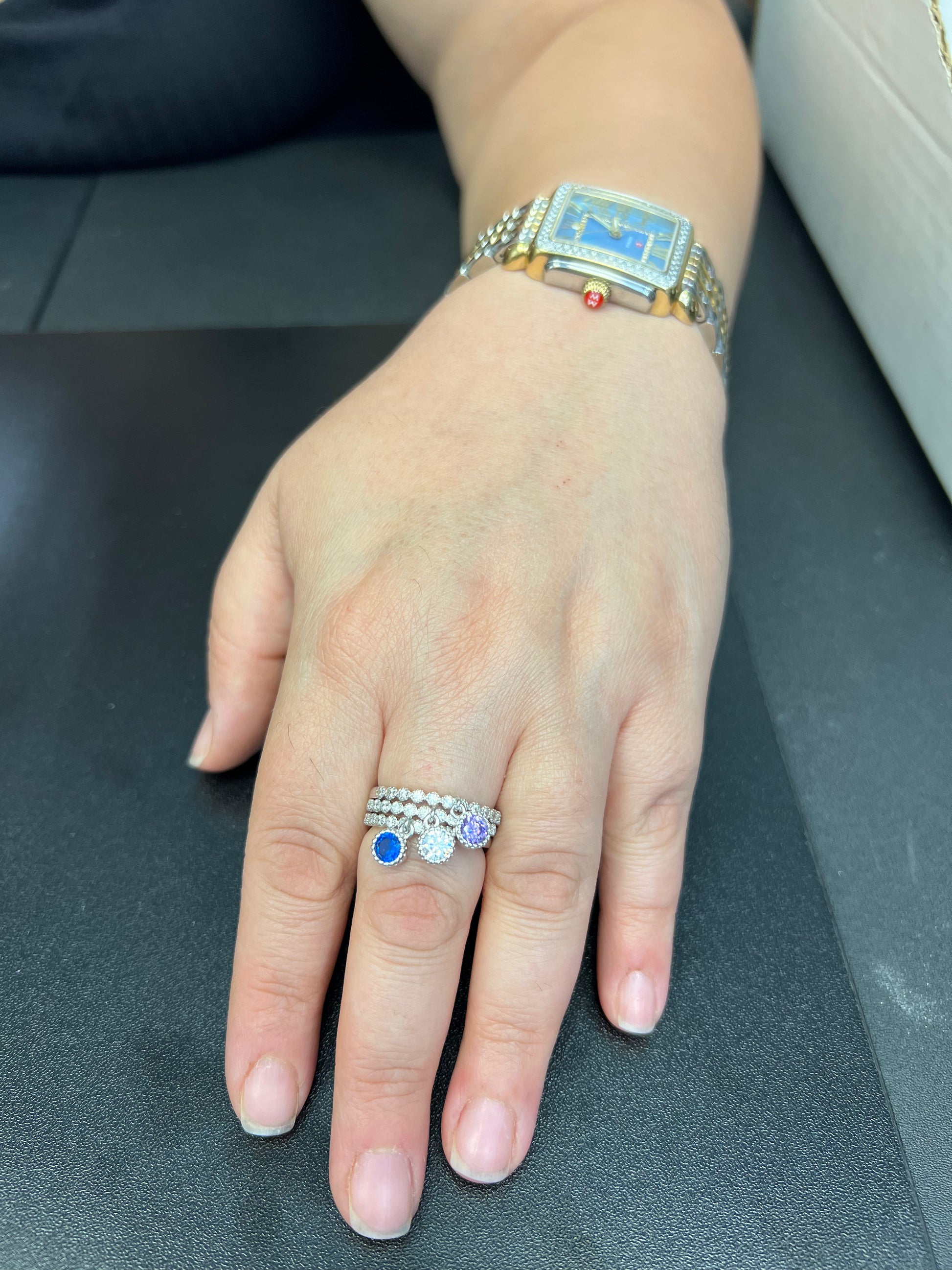 White Gold over Sterling Silver Women's Thin Stackable Dangling Charm CZ Ring
