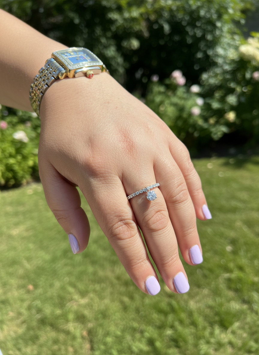 White Gold over Sterling Silver Women's Thin Stackable Dangling Charm CZ Ring