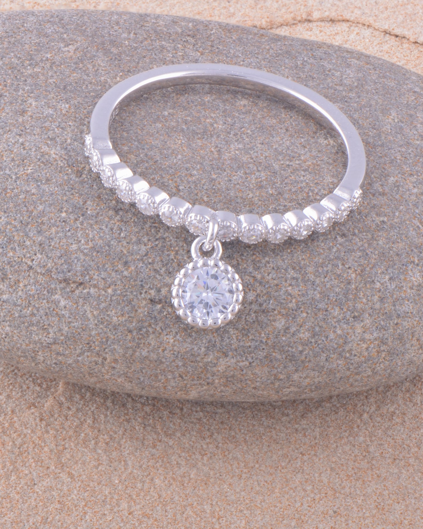 White Gold Over Sterling Silver Womens Thin Stackable Dangling Charm Cz Ring