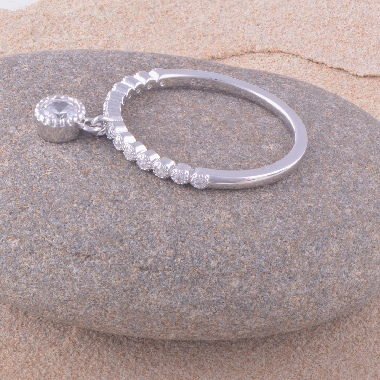 White Gold Over Sterling Silver Womens Thin Stackable Dangling Charm Cz Ring