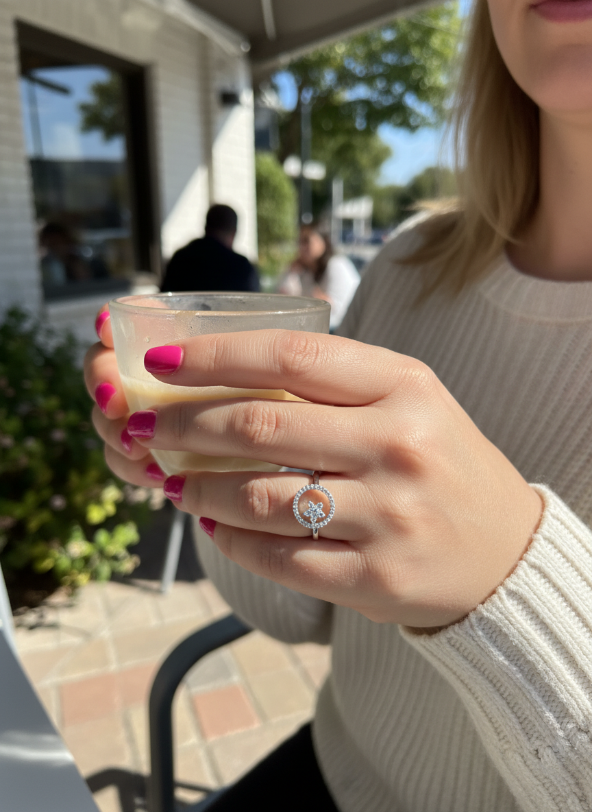 White Gold over Sterling Silver Women's CZ Round Star Flower Ring
