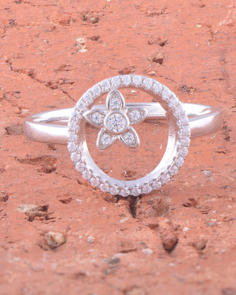 White Gold Over Sterling Silver Womens CZ Round Star Flower Ring