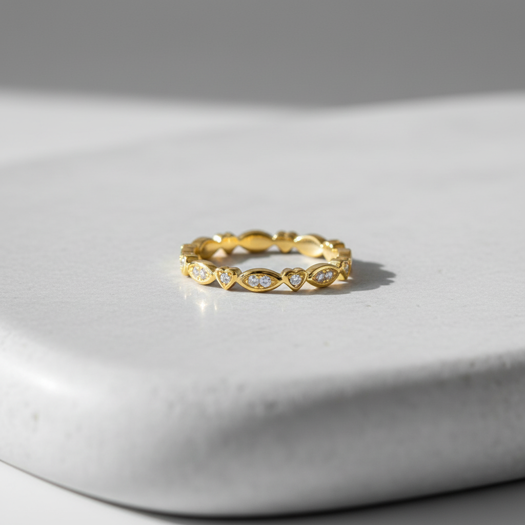 Yellow Gold over Sterling Silver Women's CZ Heart Eternity Band Stacking Ring