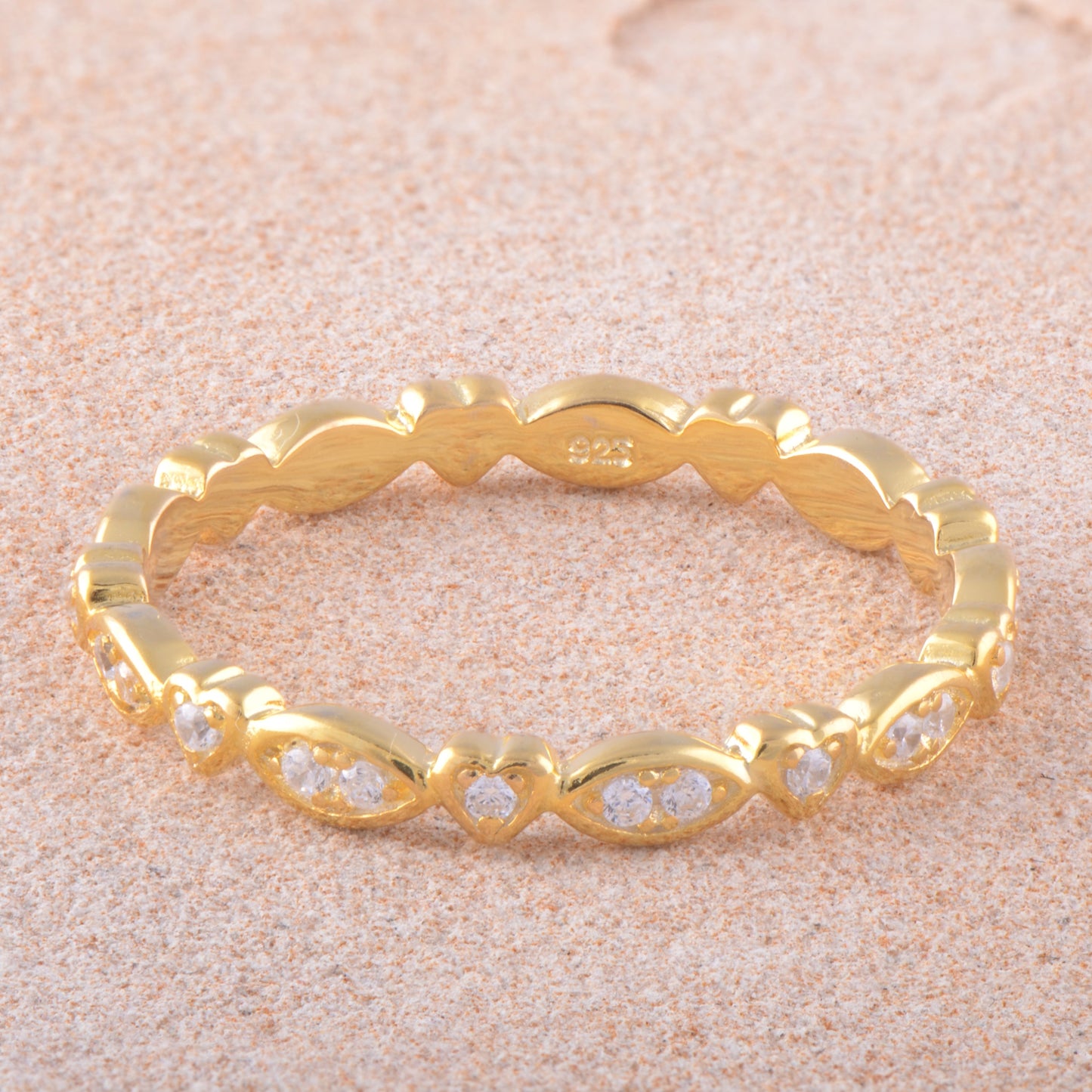Yellow Gold Over Sterling Silver Womens Cz Heart Eternity Band Stacking Ring
