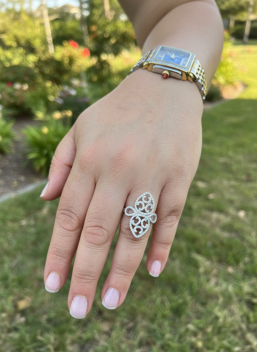White Gold over Sterling Silver Women's Chunky Filigree Fleur De Lis CZ Ring