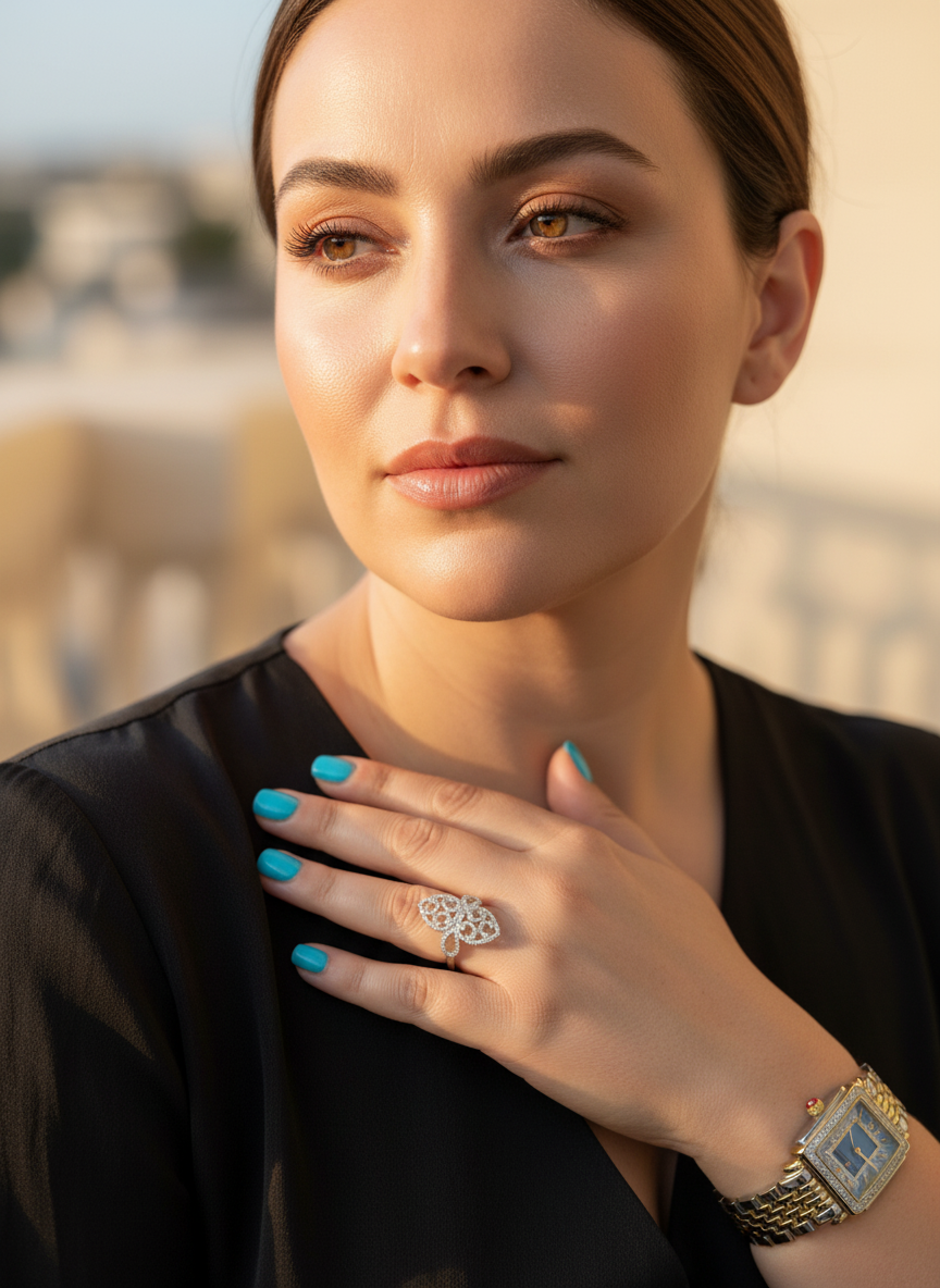 White Gold over Sterling Silver Women's Chunky Filigree Fleur De Lis CZ Ring