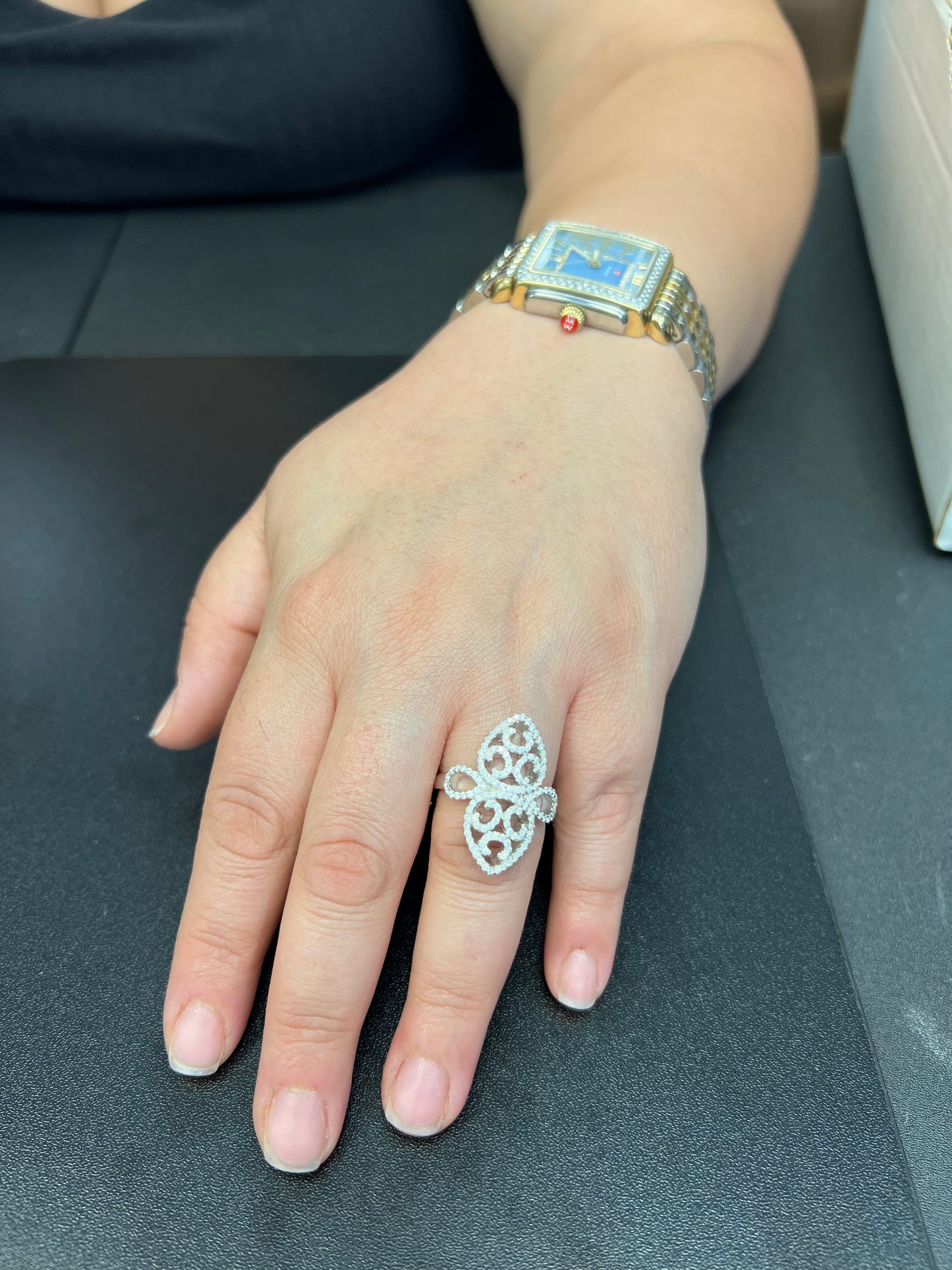 White Gold over Sterling Silver Women's Chunky Filigree Fleur De Lis CZ Ring