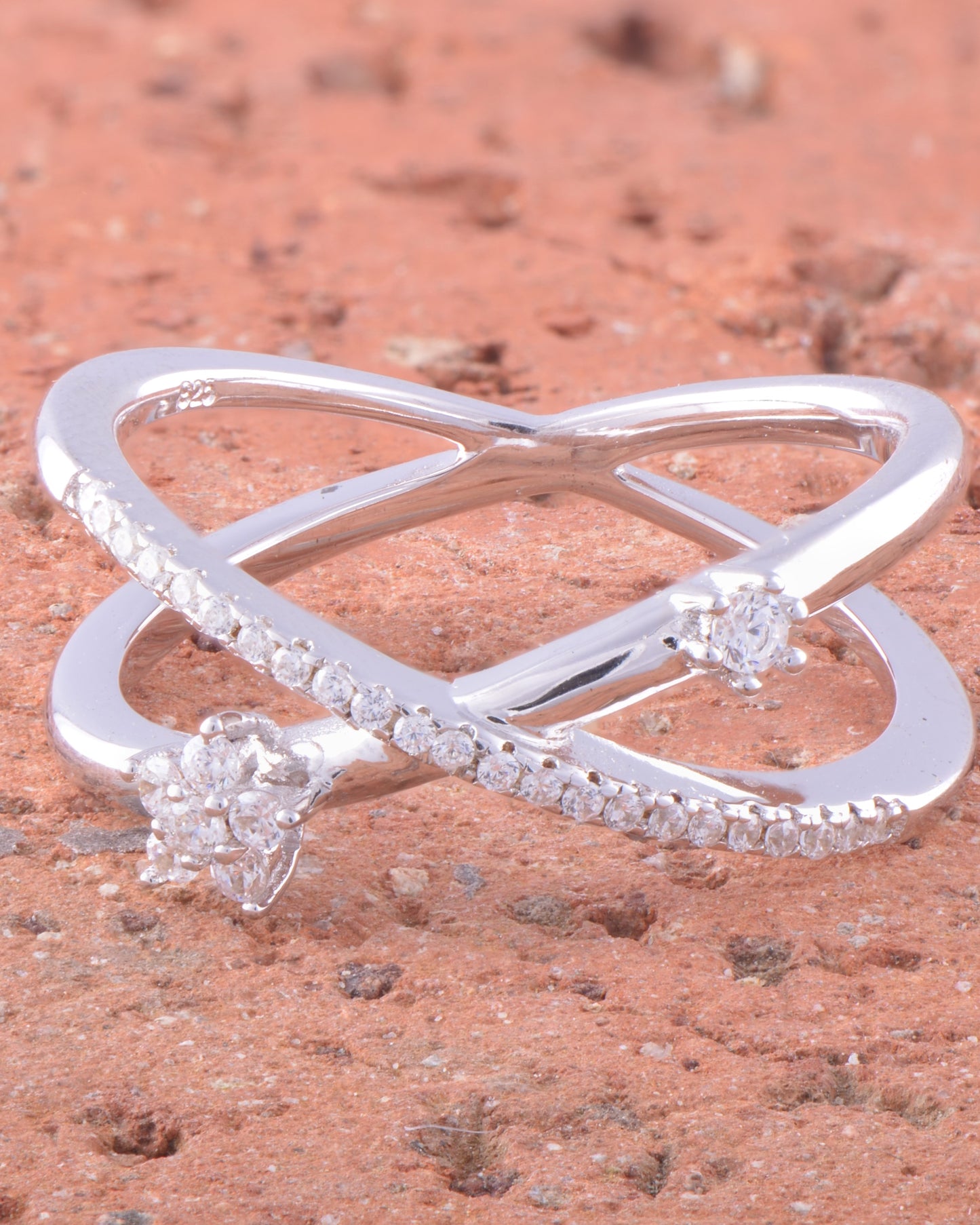 White Gold over Sterling Silver Women's CZ Criss Cross Flower Statement Ring