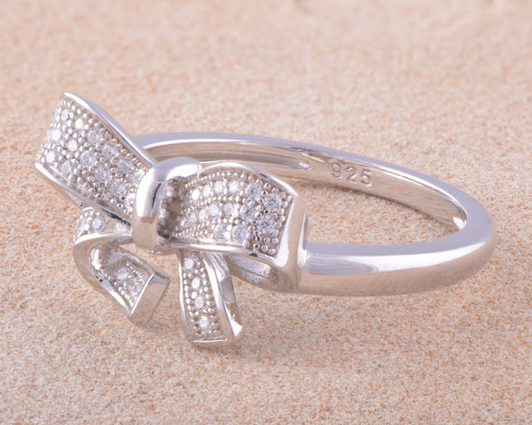 White Gold Over Sterling Silver Womens Cz Gift Bow Ring