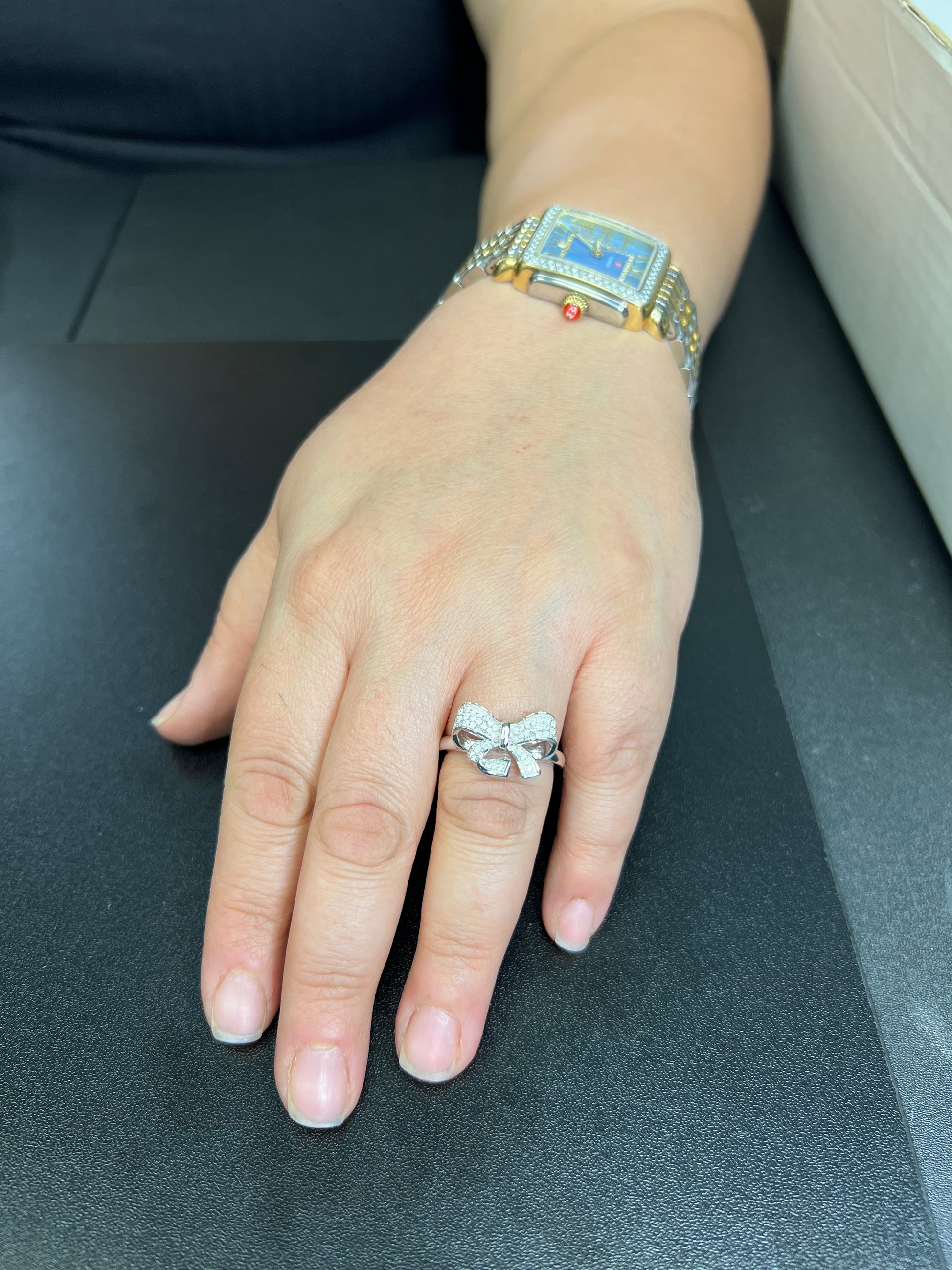 White Gold over Sterling Silver Women's CZ Gift Bow Ring