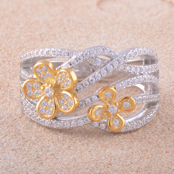 White Gold Over Sterling Silver Womens Cz Two Tone Flower Ring