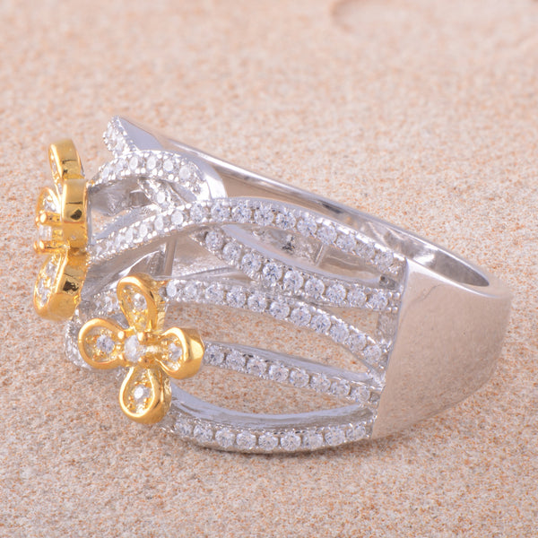 White Gold Over Sterling Silver Womens Cz Two Tone Flower Ring