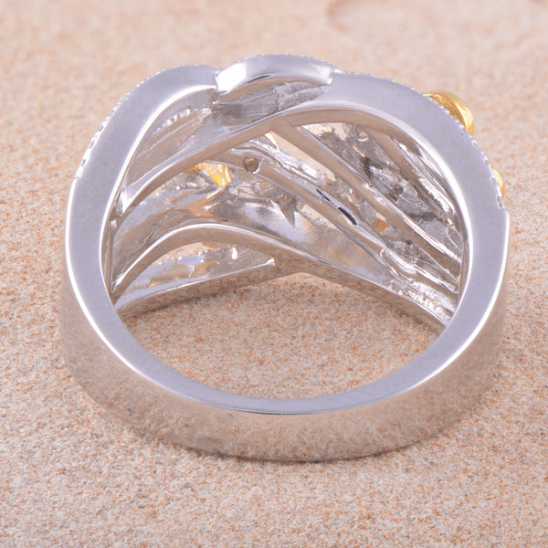 White Gold Over Sterling Silver Womens Cz Two Tone Flower Ring