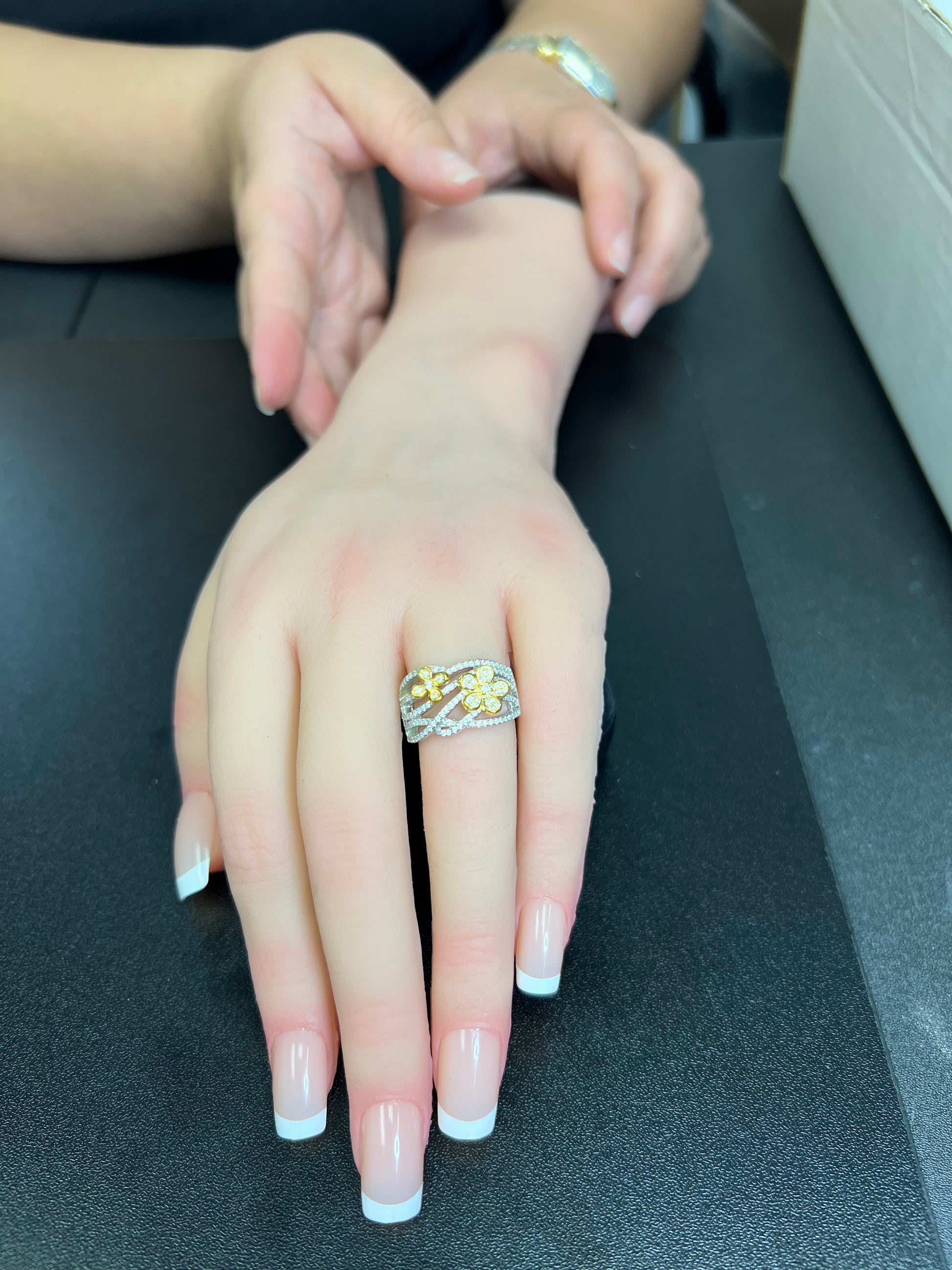 White Gold over Sterling Silver Women's CZ Two Tone Flower Ring