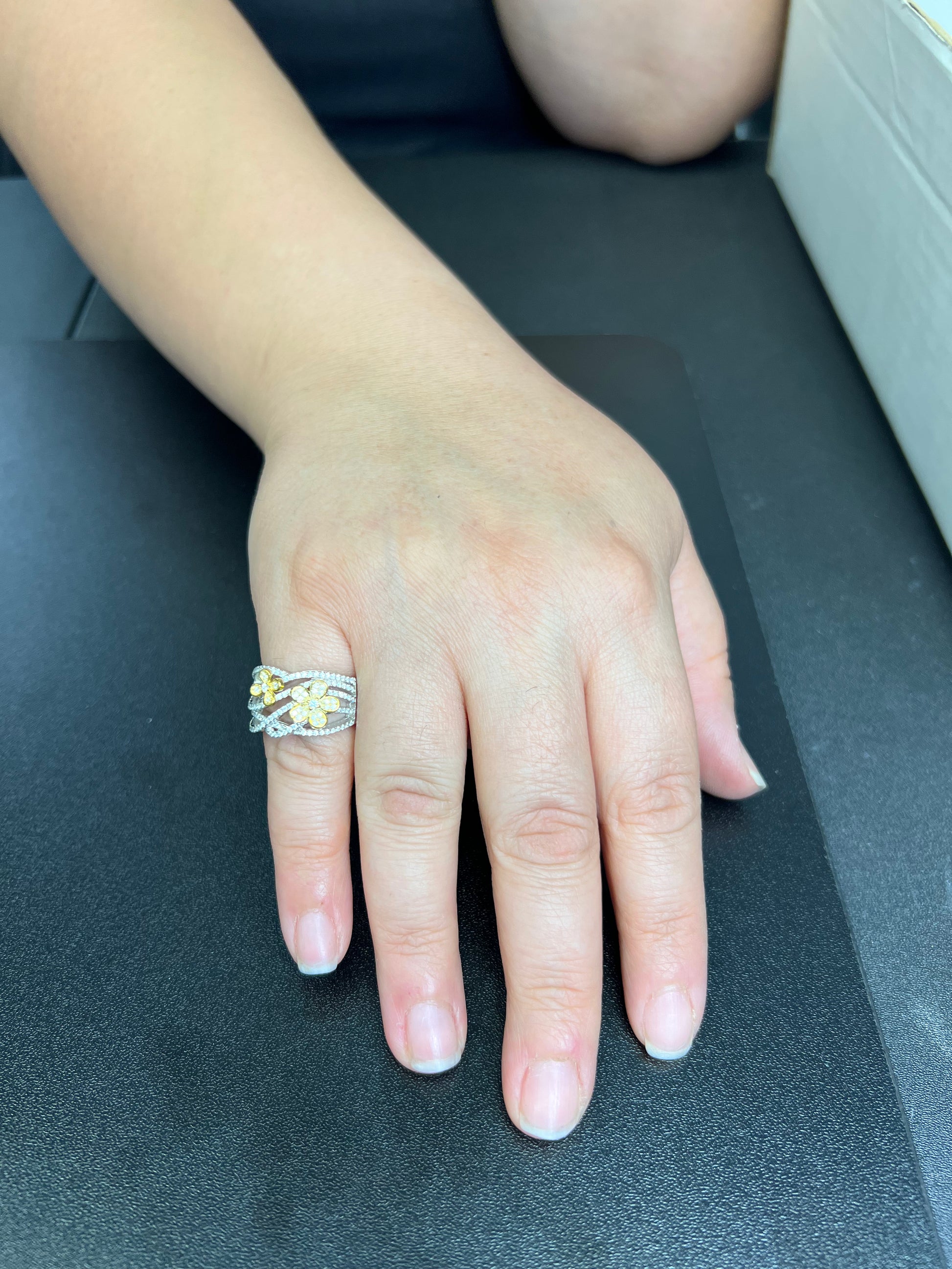 White Gold over Sterling Silver Women's CZ Two Tone Flower Ring