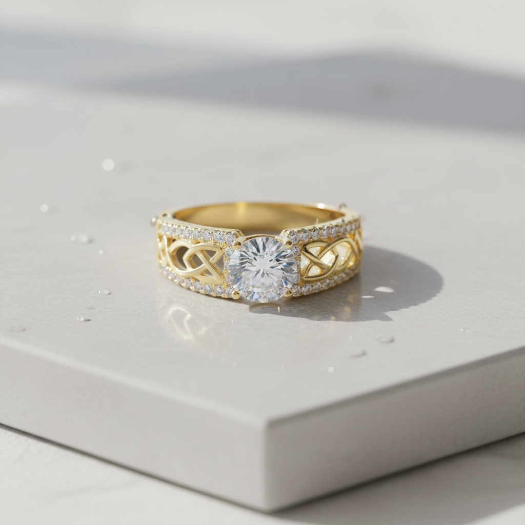 Yellow Gold over Sterling Silver CZ Women's Celtic Braid Ring