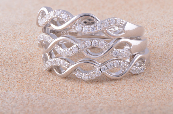 White Gold Over Sterling Silver Womens Cz Twisted Braid Stacked Triple Ring