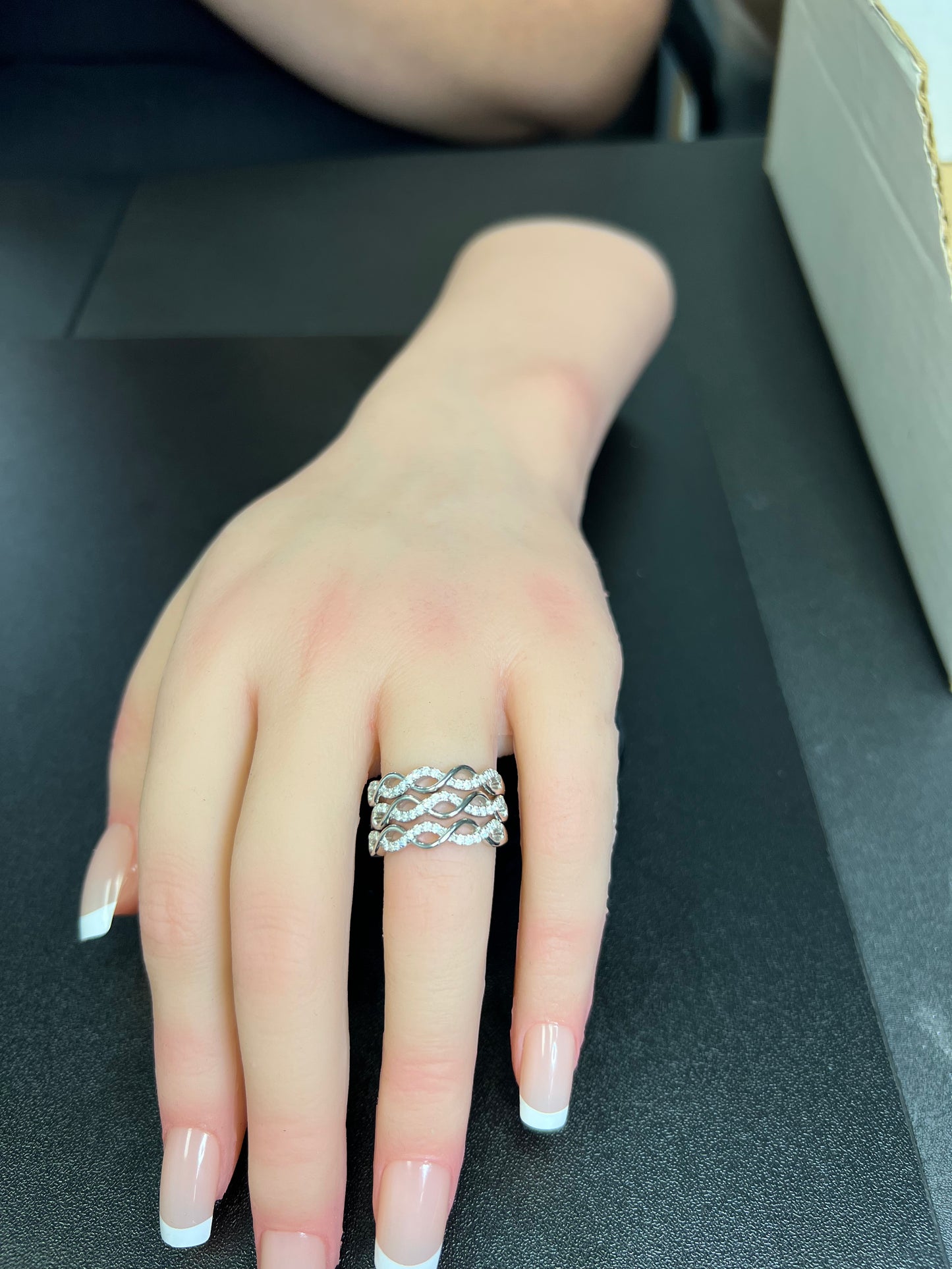 White Gold over Sterling Silver Women's CZ Twisted Braid Stacked Triple Ring
