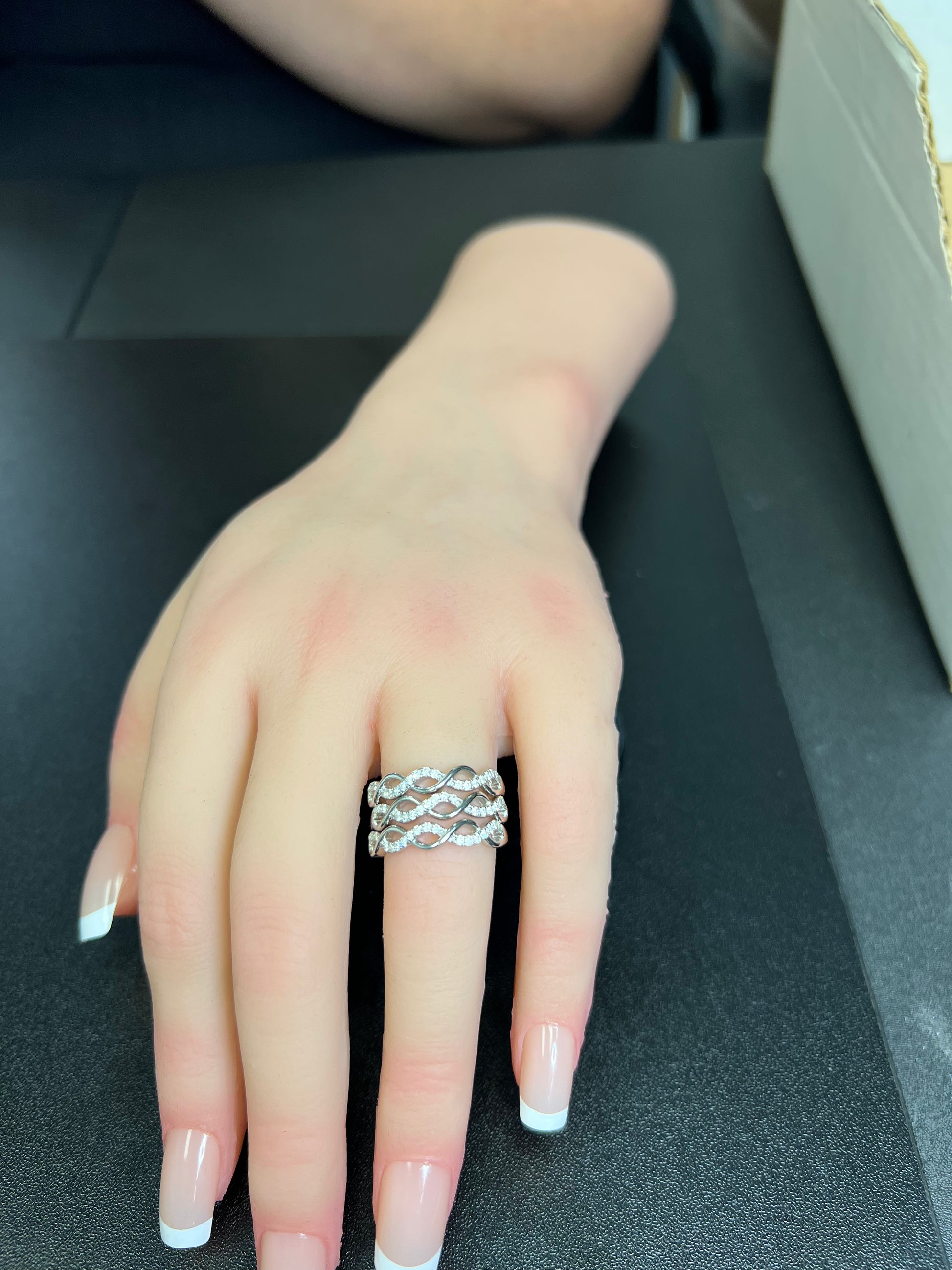 White Gold over Sterling Silver Women's CZ Twisted Braid Stacked Triple Ring