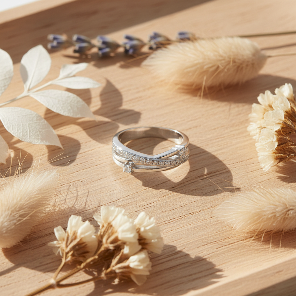White Gold over Sterling Silver Women's CZ Criss Cross Flower Stacking Ring