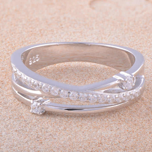 White Gold Over Sterling Silver Womens Cz Criss Cross Flower Stacking Ring