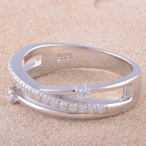 White Gold Over Sterling Silver Womens Cz Criss Cross Flower Stacking Ring