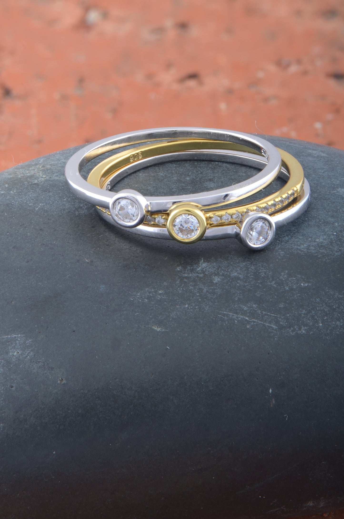 Yellow & White Gold Over Sterling Silver Womens Cz Stacked Three Ring Set