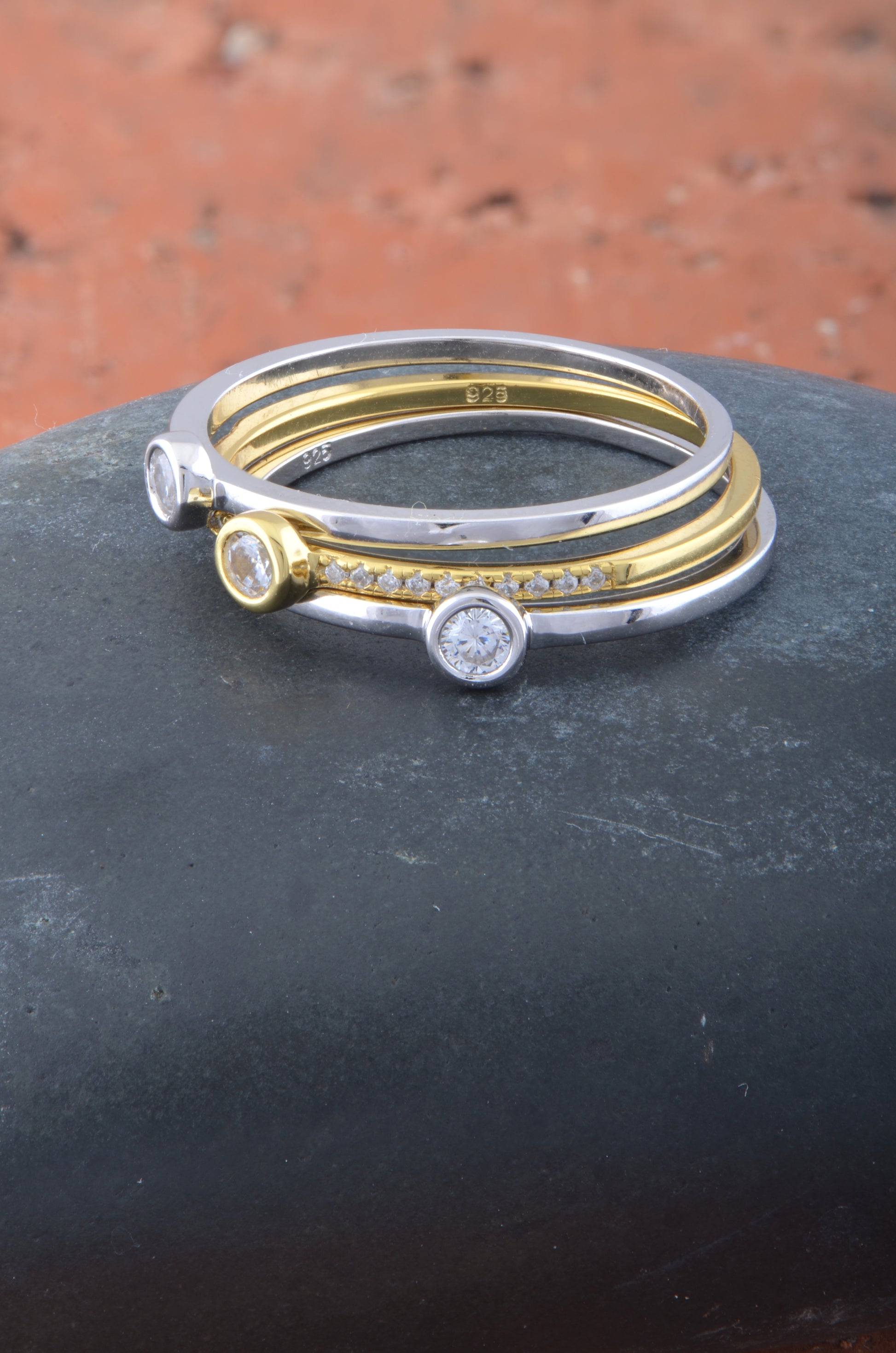 White Gold & White Gold over Sterling Silver Women's CZ Stacked Three Ring Set