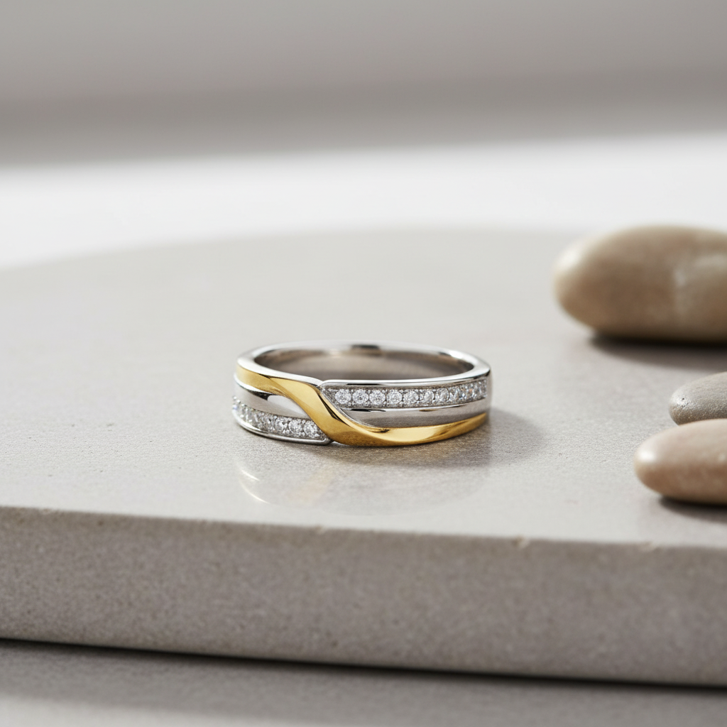 White Gold Yellow & White Gold over Sterling Silver Unisex CZ Swish Ring