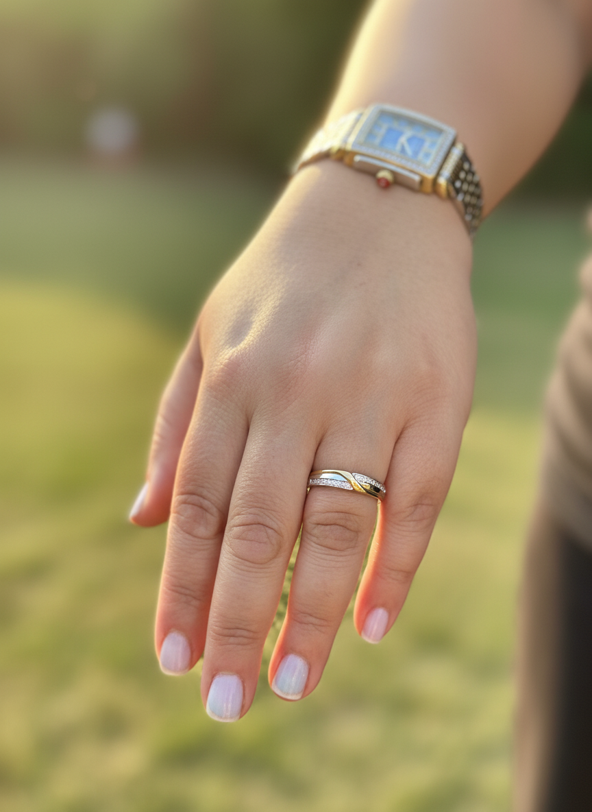 White Gold Yellow & White Gold over Sterling Silver Unisex CZ Swish Ring