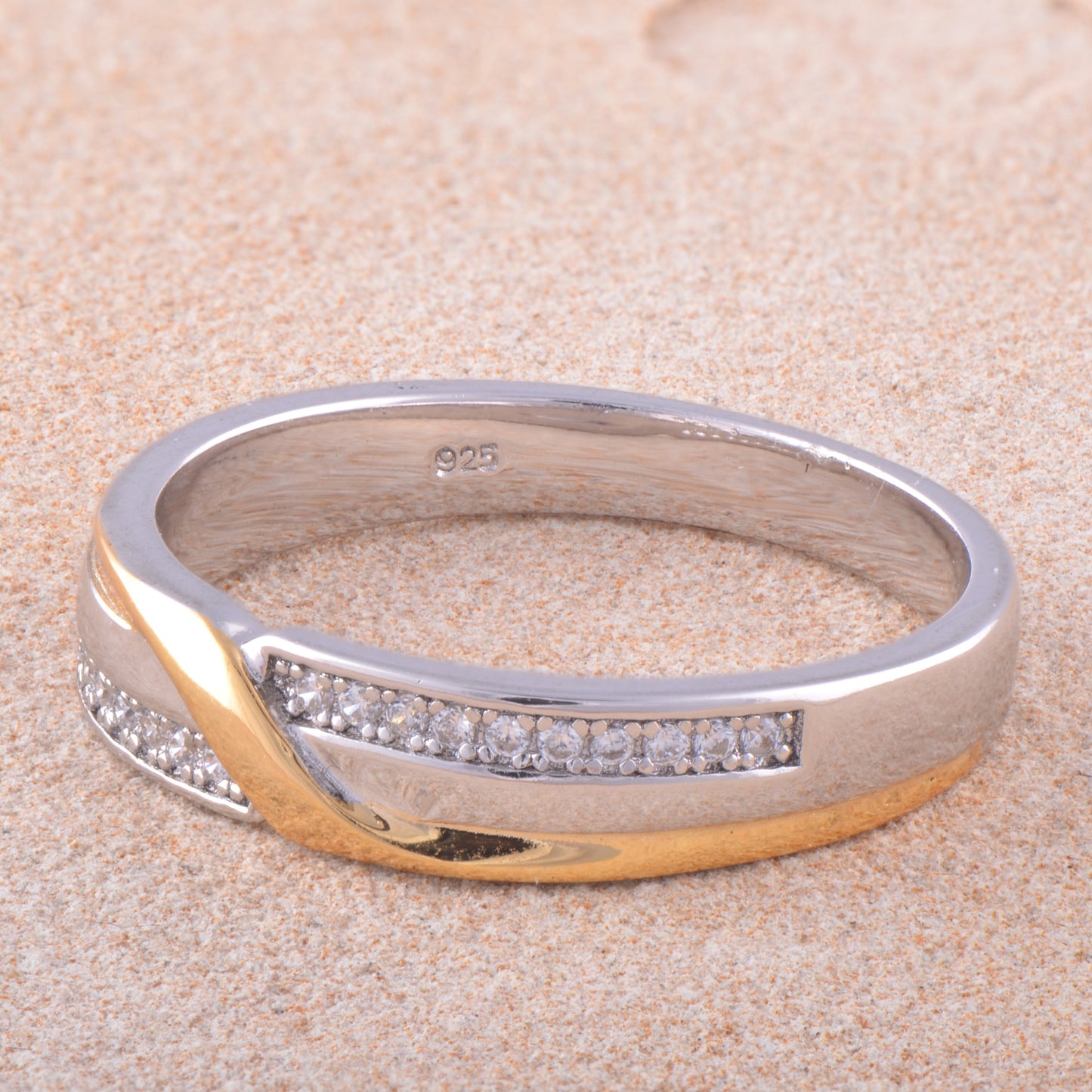 Yellow & White Gold Over Sterling Silver Unisex Cz Swish Ring