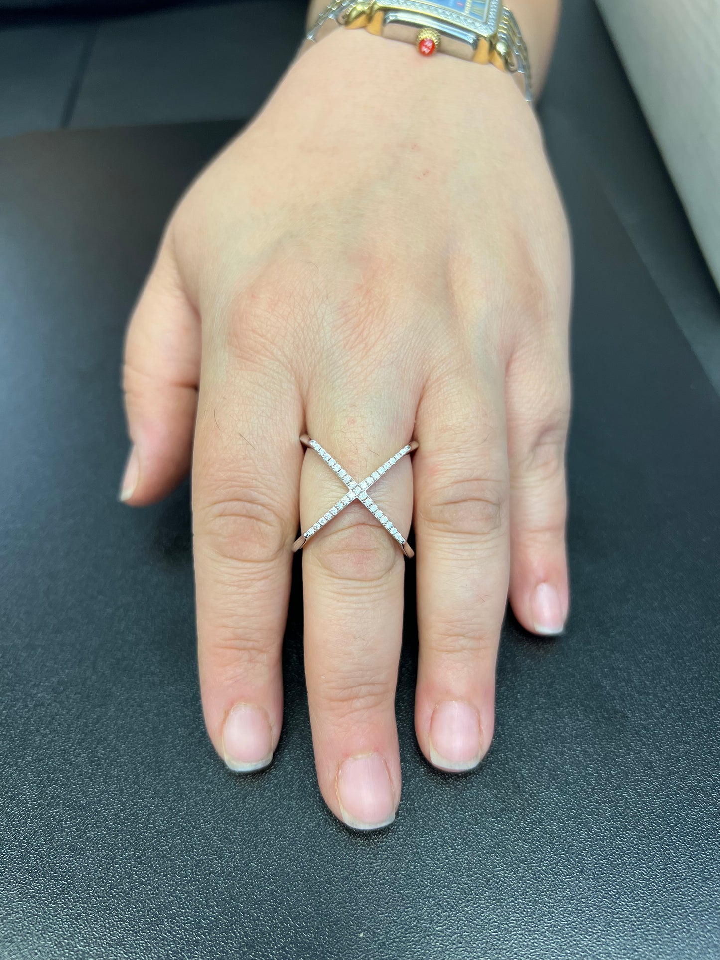 White Gold over Sterling Silver Women's CZ Criss Cross Ring