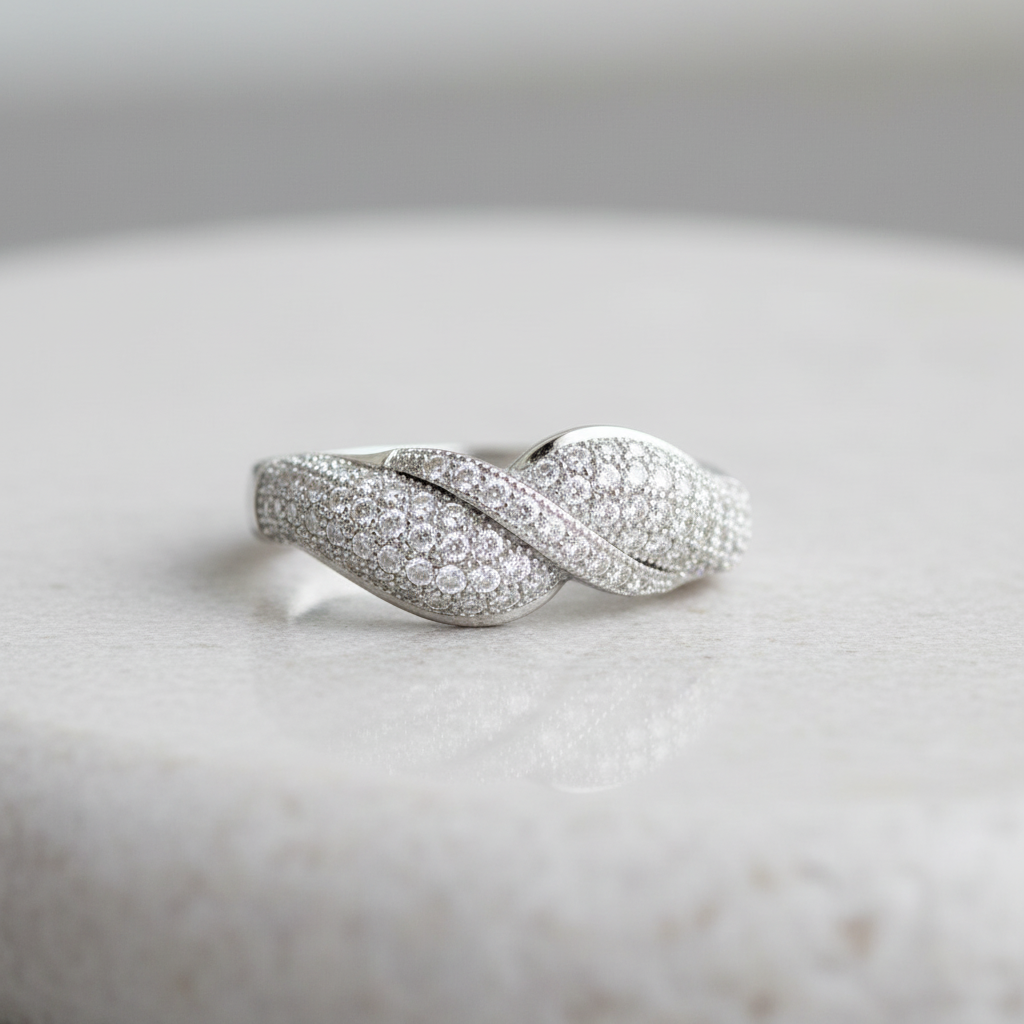 White Gold over Sterling Silver Women's CZ Twisted Cocktail Ring