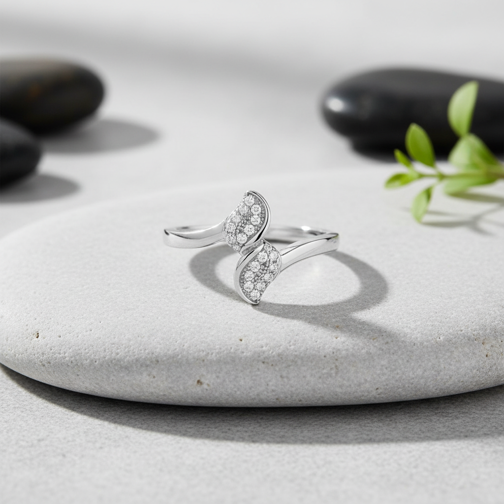 White Gold over Sterling Silver Women's CZ bypass Leaf Ring