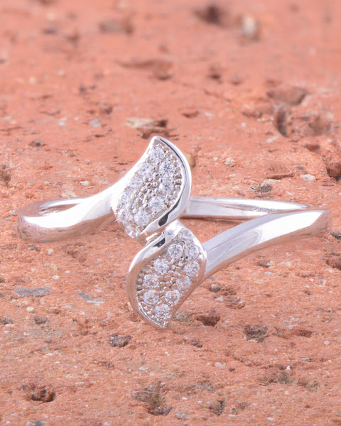 White Gold Over Sterling Silver Womens Cz bypass Leaf Ring