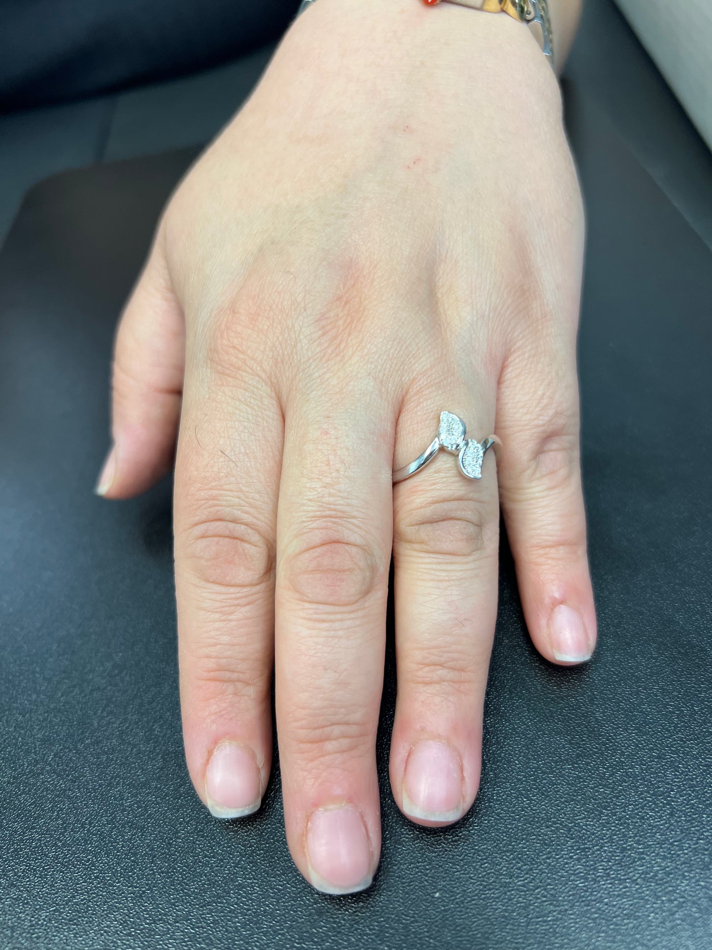 White Gold over Sterling Silver Women's CZ bypass Leaf Ring