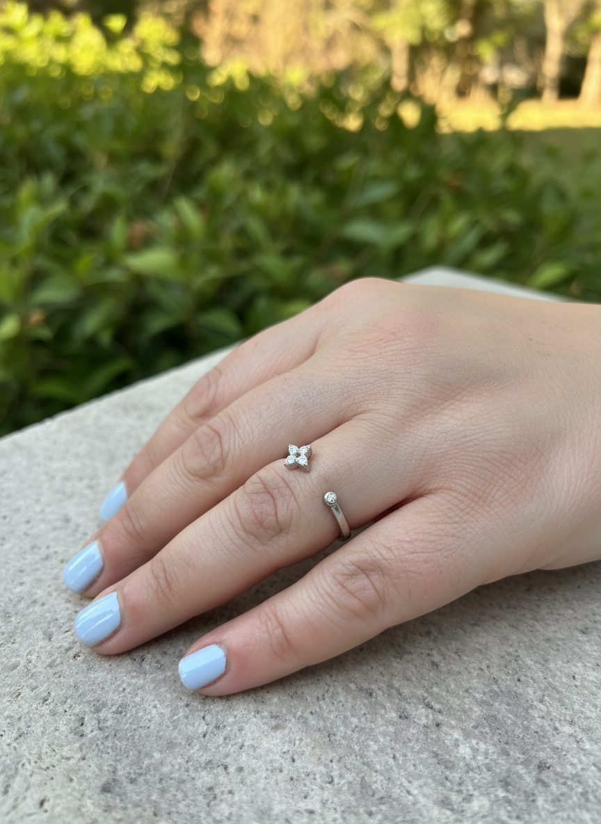 White Gold over Sterling Silver Women's CZ Thin Open Star Ring