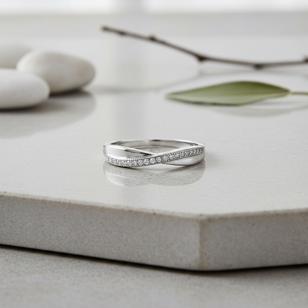 White Gold over Sterling Silver Women's CZ Thin Stacked Braid Ring