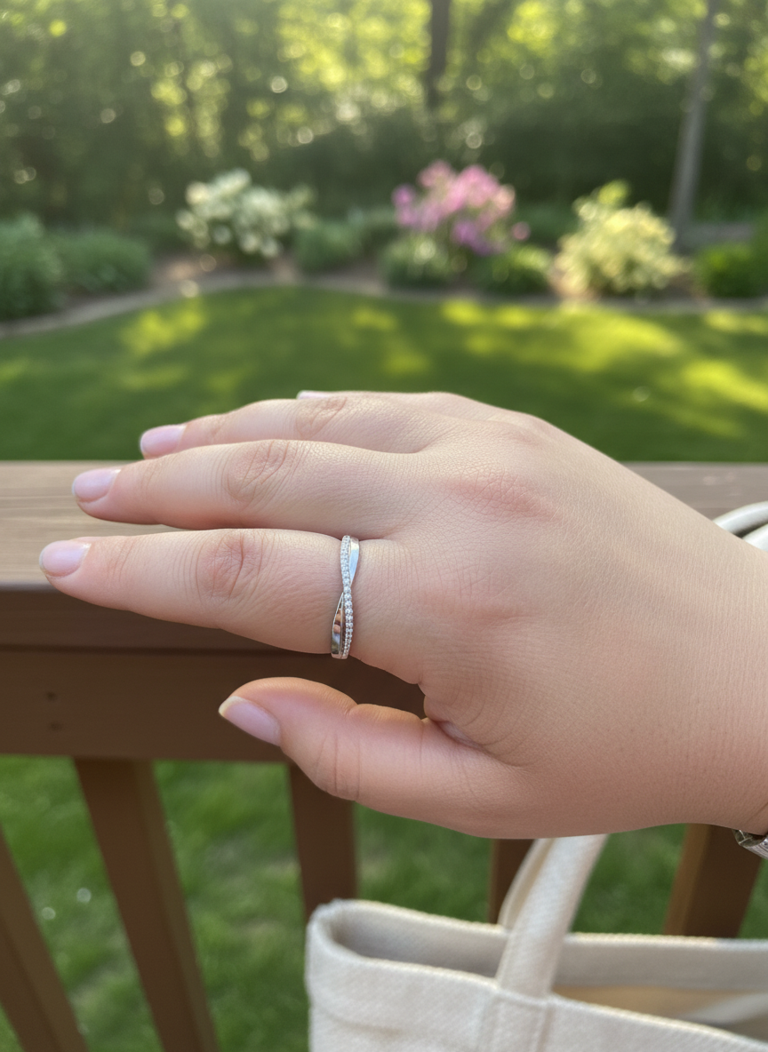 White Gold over Sterling Silver Women's CZ Thin Stacked Braid Ring