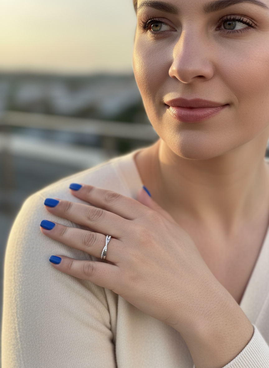 White Gold over Sterling Silver Women's CZ Thin Stacked Braid Ring