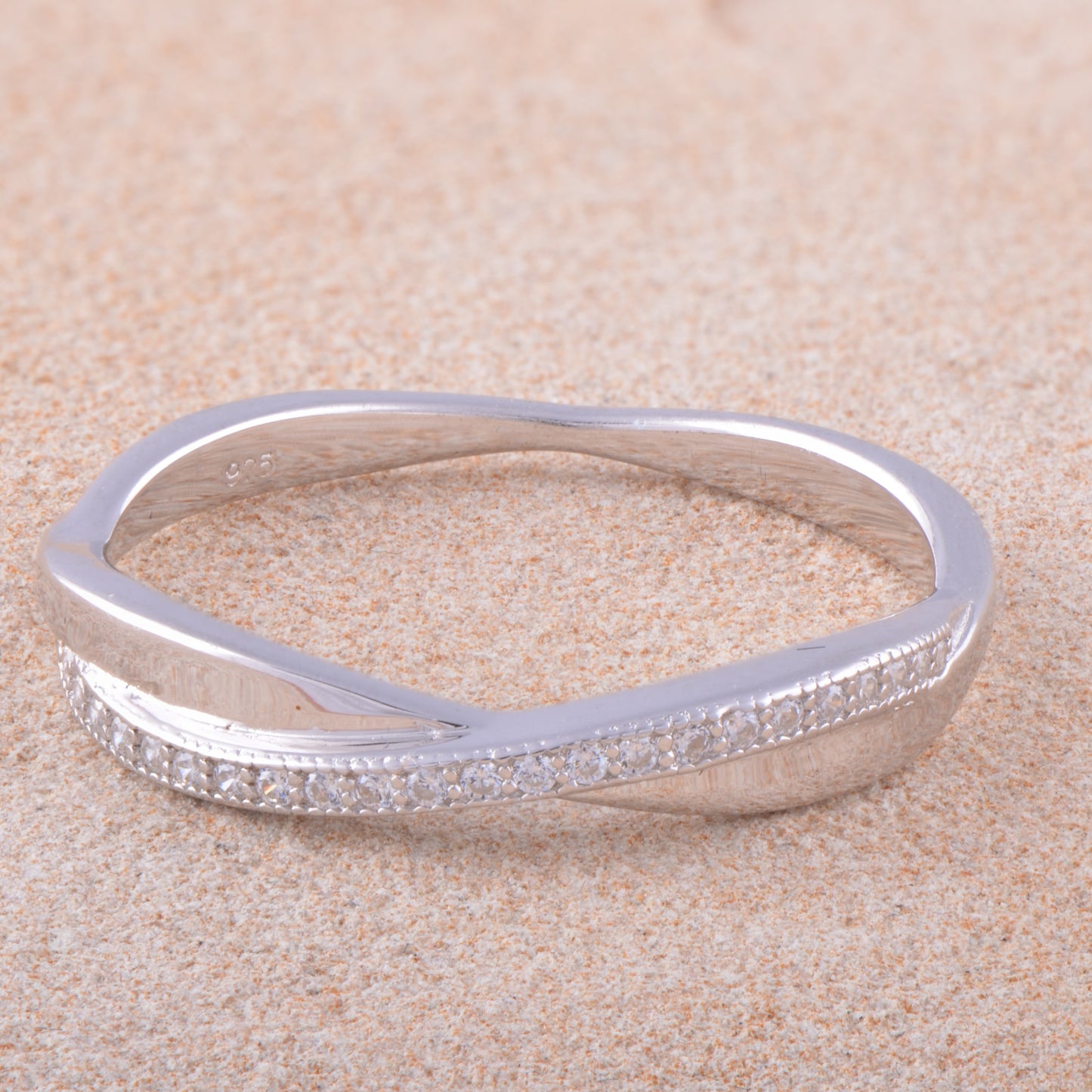 White Gold Over Sterling Silver Womens Cz Thin Stacked Braid Ring