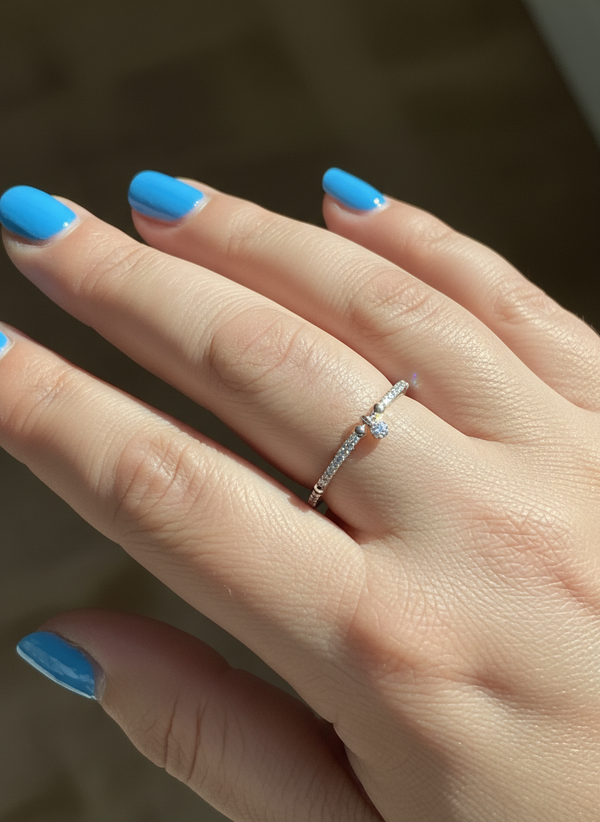 White Gold over Sterling Silver Women's CZ Thin Stackable Dangling Charm Ring