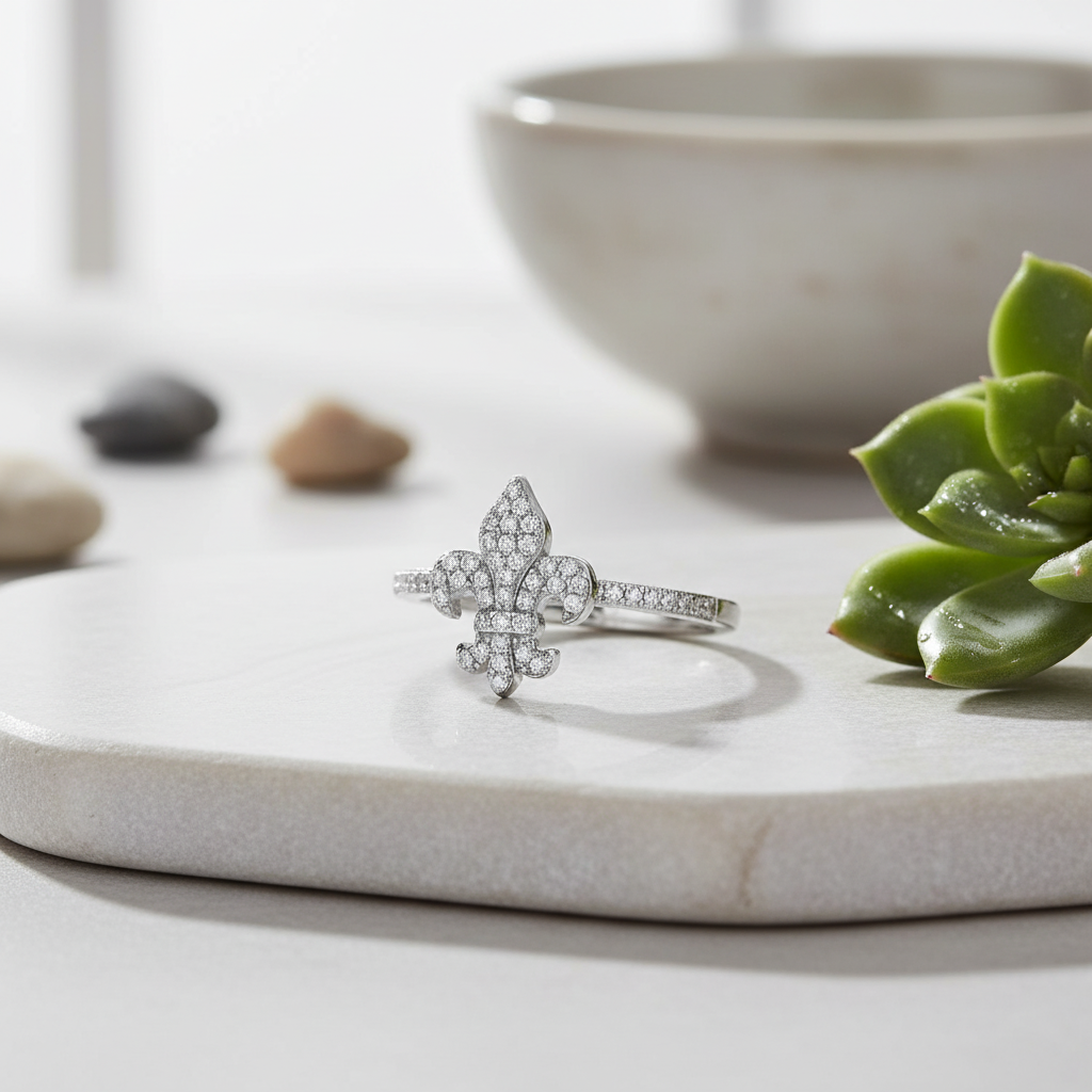 White Gold over Sterling Silver Women's CZ Fleur De Lis Ring