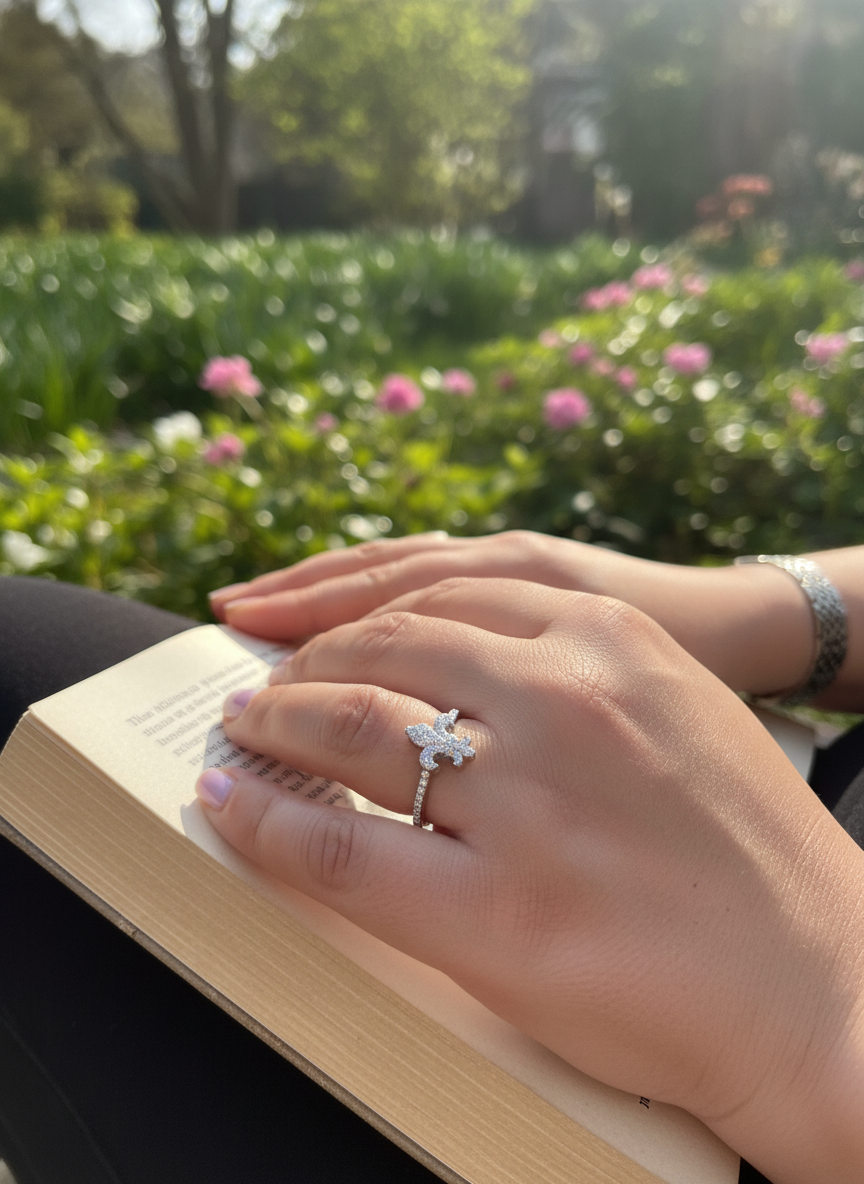 White Gold over Sterling Silver Women's CZ Fleur De Lis Ring