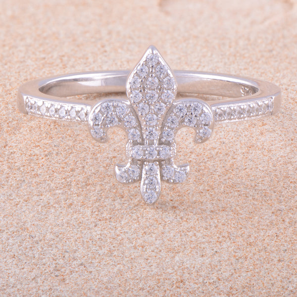 White Gold Over Sterling Silver Womens Cz Fleur De Lis Ring
