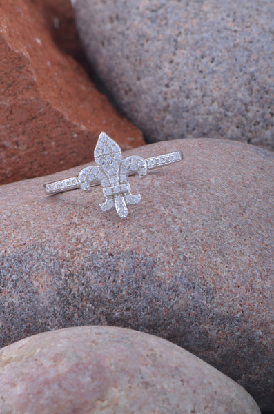 White Gold Over Sterling Silver Womens Cz Fleur De Lis Ring